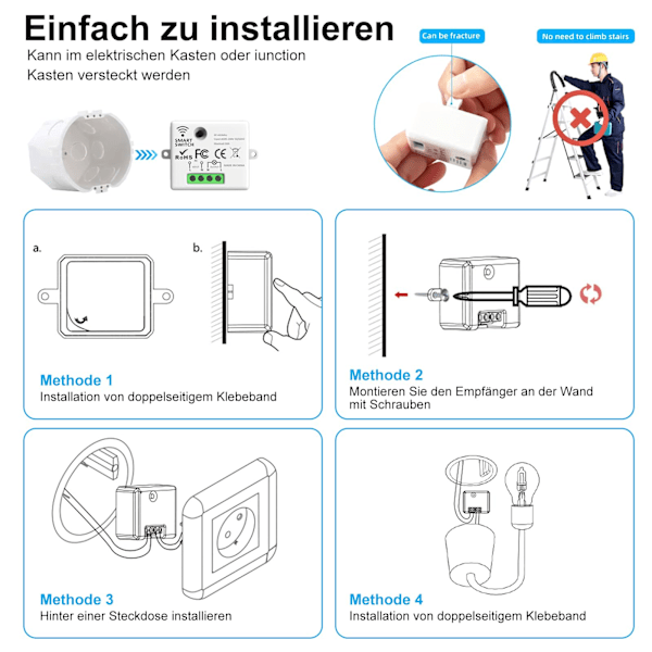 Wireless Switch, RF Transmitter, Safety Switch and Receiver Controller - 2200W/10A Smart Light Switch, Indoor, 30-50m, 433MHz Radio Transmitter