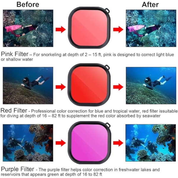 3 i 1 Scuba Diving Lins Filter för Scuba Diving Röd/Rosa/Lila i saltvatten och sötvatten för GoPro Hero 10, 9, 8 Vattentätt officiellt case Svart