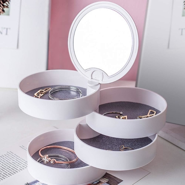 Liten smykkeskrin Ringoppbevaring 4-lags 360° rotasjon med speillokk Store øredobbergave til morsdagen Valentinsdag