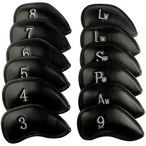 Golfklubböverdrag Iron Headcover Set med 12 lyxiga syntetiska läderöverdrag (svart), Golfklubböverdrag Headcover Set med Easy Number för män kvinnor