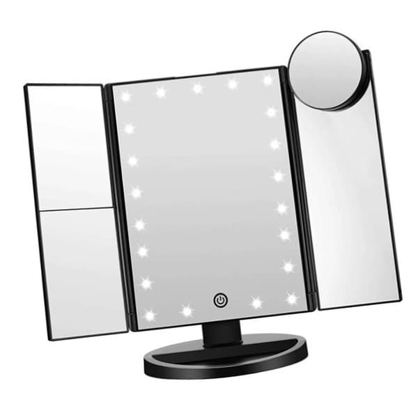 3-sidet foldbart makeup-spejl med 2X 3X forstørrelse, LED-lys og justering af lysstyrke