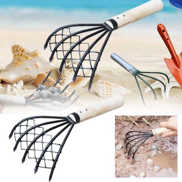 Hage rake, sjørake, strandskjellgraving sjømatverktøy, nettfisking snegle skall rake svart