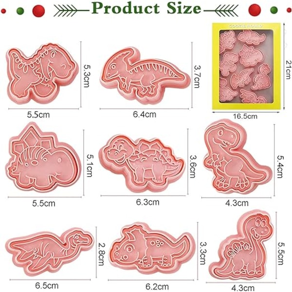 Dinosaur form udskærer, 8 stykker bagning kikseform, 3D kiks form, animalsk cookie form, børn cookie udstikker, til kiks, wienerbrød, fondant, kage dekoration