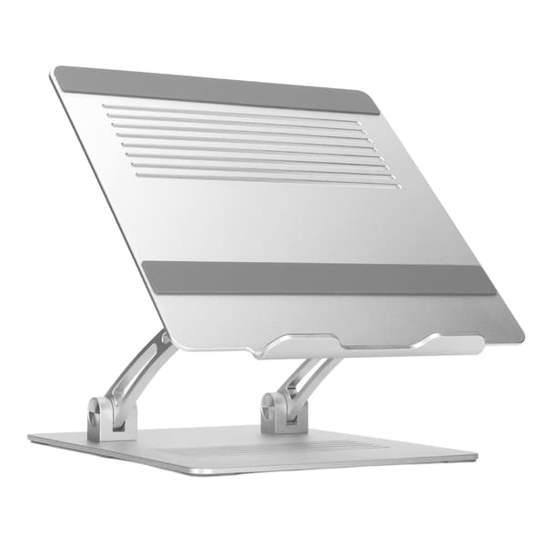 Justerbart, bærbart laptopstativ i aluminiumslegering med kølebeslag til notebook-computer, sølv