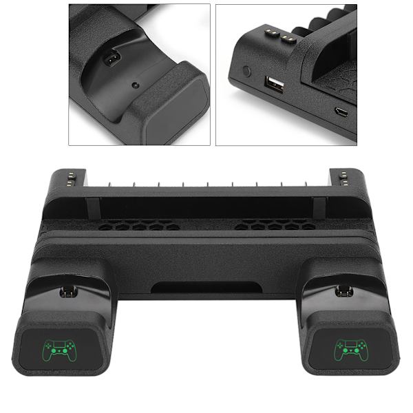 Multifunktionell Värmeavledande Fläktbas, Förvaringsställ, Styrenhet, Dubbel Laddare med LED-Ljusfäste för PS4/SLIM/PS4 PRO