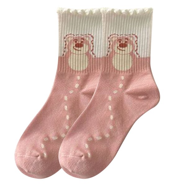 1 Par Damsockor med Björnar, Söta & Roliga, Cartoon-Print, Preppy-Stil, Polyester, Medium Hög, Rosa, Typ 1