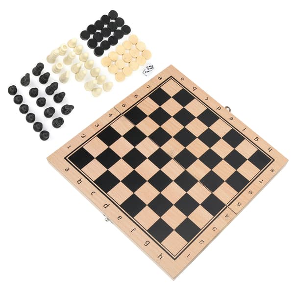 Sjakk, dam og backgammon i tre, 3 i 1, sammenleggbart, bærbart brettspill 24x24cm 9,4x9,4in