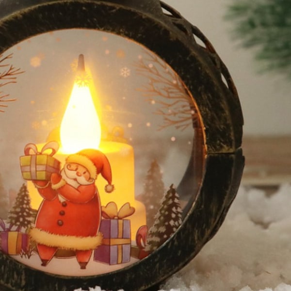 Retro Rund LED Lys i Liten Glass - Juledekorasjon med Bronse Julenisse Element for Hjemmedekor