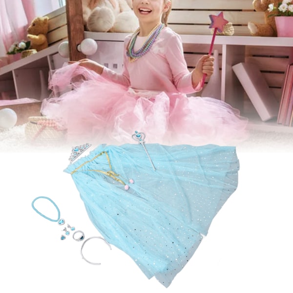 Princess Tylle Kappa med Krona Halsband Armband Wand Princess Dress Up Kläder för små flickor Småbarn Blå