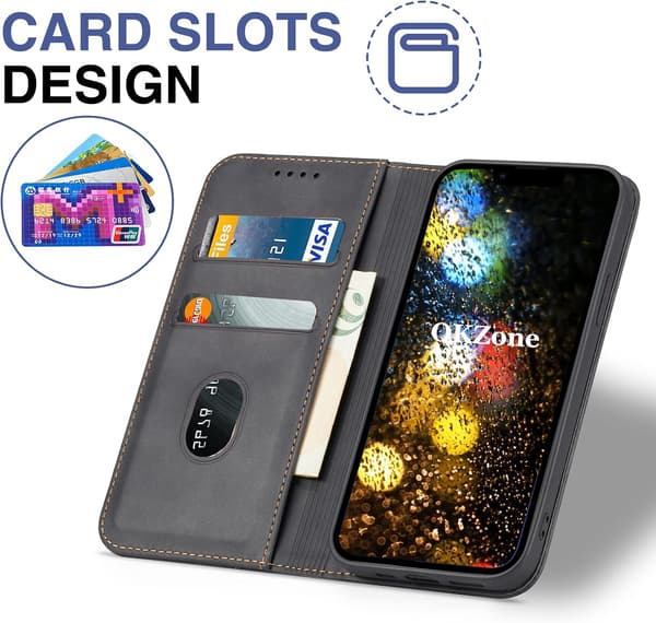[02]For iPhone 11 -16 Magnetic Leather Phone Case, Premium Leather Flip Case Foldable Card Slot Shockproof Stand Function (Black) iPhone 14