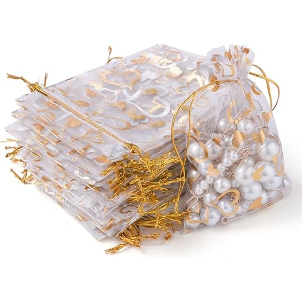 105 STK Organzaposer, 10 x 15 cm Hvidt hjertemønster Organzagaveposer med snøre, smykkepose Lavendelposer Slikposer Bryllupsgaver