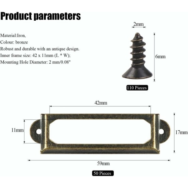 50 kpl metalliset etikettitelineet kaappilaatikkokorttien nimikilven kehys toimistohyllylle kirjahyllyhyllylle (60 x 24 mm)