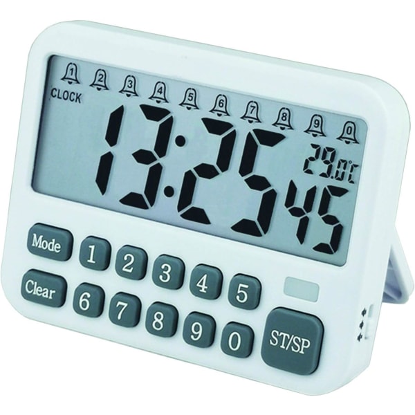 Monitoiminen digitaalinen herätyskello, jossa 10 hälytysasetusta, Countdown & Count up Keittiöajastin magneetilla, lämpötilanäyttö, muistutus, 2 AAA Ba