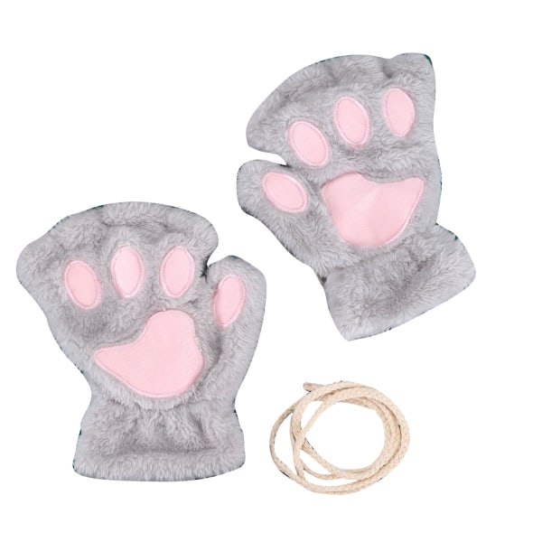 Cat Paw Handskar Vinter Söt Förtjockad Varm Fingerless Fuzzy Plysch Handskar för Kvinnor Flickor Grå Medelstorlek