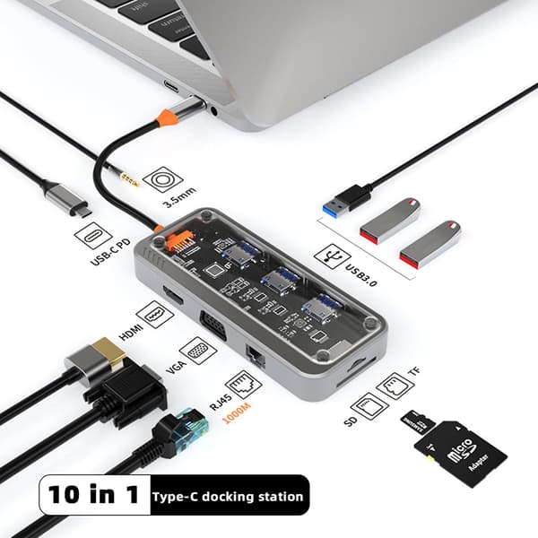 Liten 10-i-1 Type-C Transparent Dockingstasjon Multiport USB Flashing Drive Hub for PC Notebook Laptoper 10in1 1000Mbps