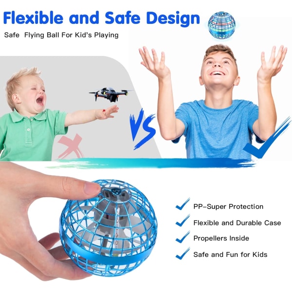 Barns handkontrollerade mini drone (blå), flygande bollleksak, barns vuxen inomhus utomhus 360° roterande RGB lätt flygande spinner, hovboll