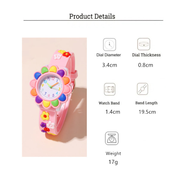 Barneklokke (rose, blomst), vanntett barnearmbåndsur Quartz bevegelse, 3D tegneseriedesign, digital barneklokke for 3 år til 11 år gammel jente Bo
