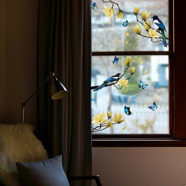 Fönsterklistermärken - 1 fantastiska dekorativa statiska klamrar med grenar Blommor Fågelmönster för att förhindra att fåglar kolliderar i dina fönster