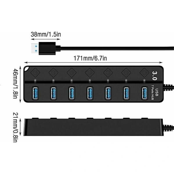 USB 3.0 Hub, Multi 7 Port USB-stikdåse med uafhængig afbryder, drevne USB 3.0 Hubs, flere USB-porte til PC, bærbar computer, MacBook, Mac Pro, Mac ...