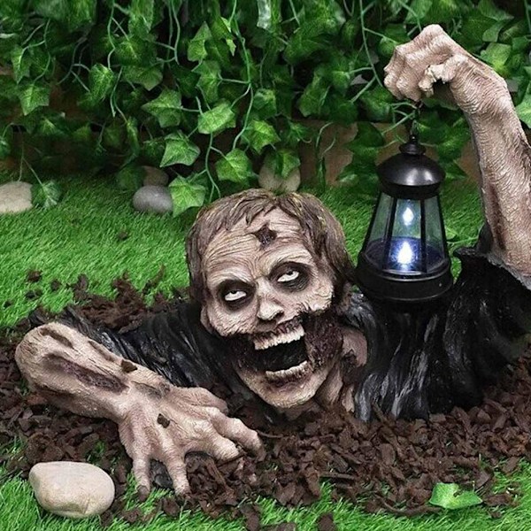 Zombie Havefigur med LED Lanterne - Horrorfilm Gnome til Udendørs Terrasse, Have og Plæneindretning