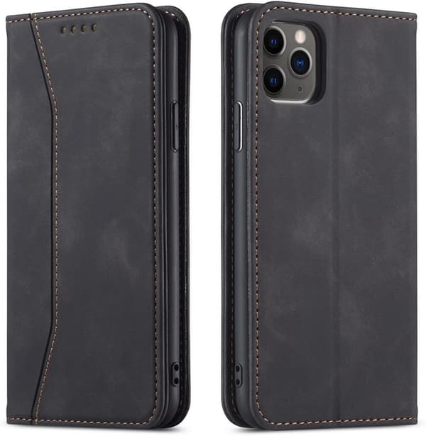 [02]For iPhone 11 -16 Magnetic Leather Phone Case, Premium Leather Flip Case Foldable Card Slot Shockproof Stand Function (Black) iPhone 12