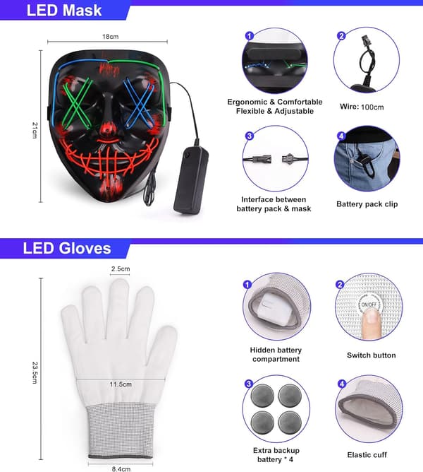 Halloween-maske LED-maske og hansker med flere lysmoduser