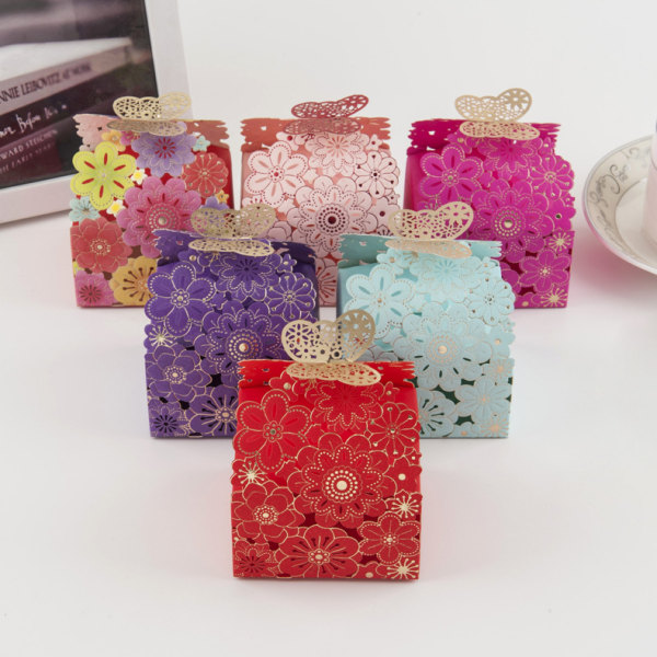 Ny godislåda i 100 delar i europeisk stil, flerfärgad ihålig fjärilsask med kronblad, bröllopsgodislåda, snacklåda för fest (6 färger, 8*7*6,5 cm)