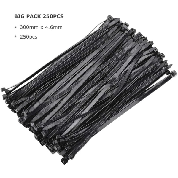 Buntband 300 mm x 4,6 mm svart - 250-pack 12 tum Premium självlåsande nylon med dragkedja