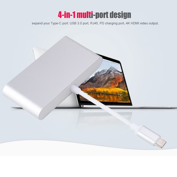 4-i-1 Multifunktion Typ C till USB 3.0 RJ45 HDMI PD-omvandlare 4K Videoadapter Hub