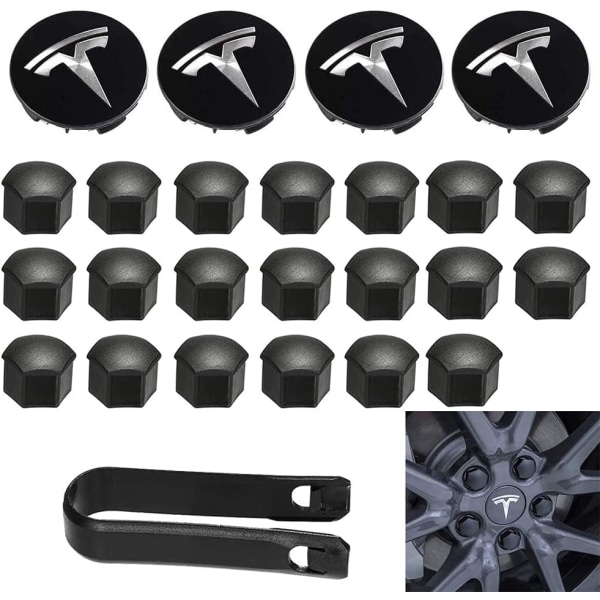 Aero-hjuldeksler og hjulmuttersett med Tesla-logo for Model 3, Model Y (svart)