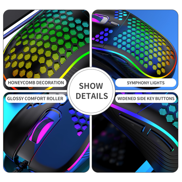 1 Pack Hollow Mouse langallinen mekaaninen pelihiiri värillisillä LED-valoilla, hiljaisella napsautuksella, 2.4G USB nanovastaanotin