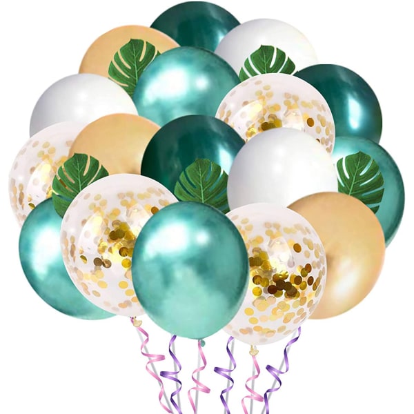 50 st-Djungelfödelsedagsdekorationer, 12 tums guld vita gröna ballonger med palmblad, latexballonger och safariskogsdjursballong för pojkefödelse