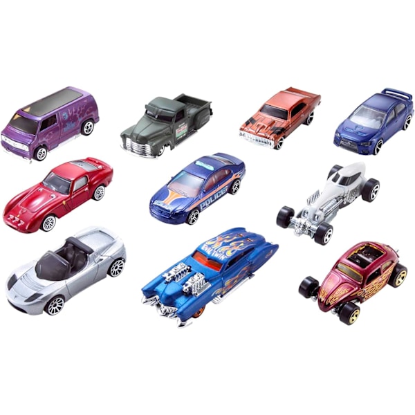 10 Hot Wheels leksaksbilar 1:64 die-cast bil gåva set, slumpmässigt utvalda, leksaksbilar lämpliga för barn 3 år och uppåt, flerfärgade