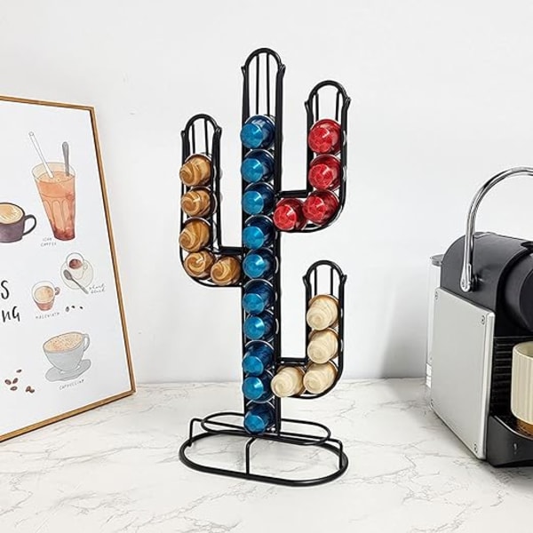 Pod Holder , Cactus Shape Coffee Pod Holder Home Black Iron Kaffe Kapsel Oppbevaringsholder Organizer, har plass til 48 kaffeputer