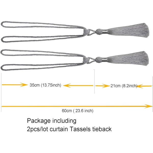 Sett med 2 håndlagde taugardiner med dusker for dekorasjon av hjemmekontoret (sølv, 2)