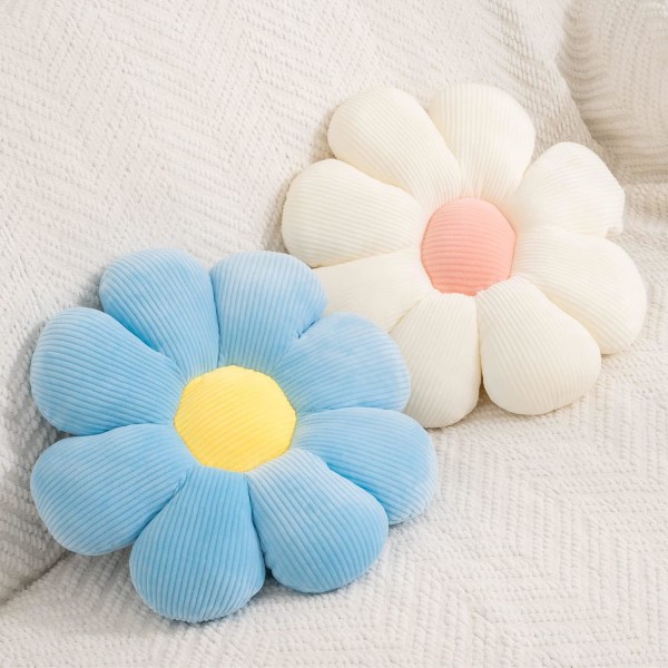 2 stk blomsterpude (15,35 tommer, hvid+blå) - blå & hvid Daisy blomsterformede pudepuder, sød blomsterplys gulvpudepude til soveværelsessofa