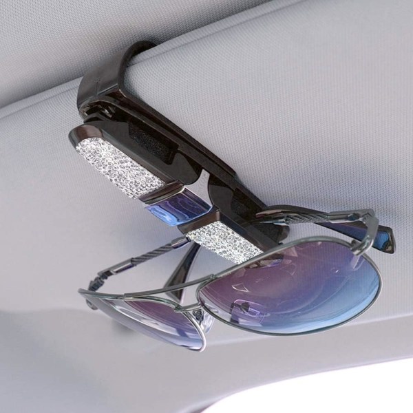 2-Pack Car Visir Brillestel med Rhinestone Crystals Fashion Biling Solbrillestel - Sølv og sorte stelklemmer