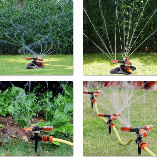 Plænesprinkler 3-armede dyser 360° automatisk roterende kunstvandingssprinkler til gårdhave Orange