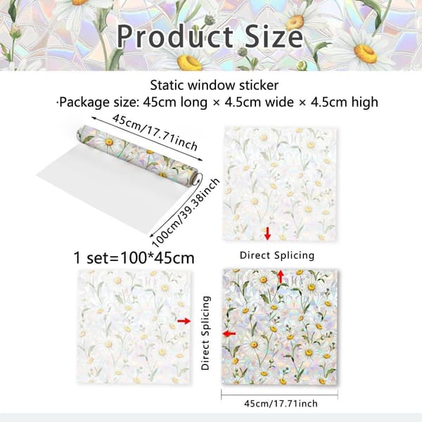 Daisy Decorative Window Film, Flower Privacy Static Glass Decal, 45x100cm