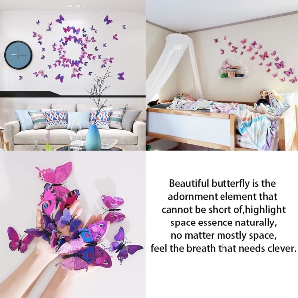 Violetti, 12 kpl 3D-perhoset seinätarrat perhoskoristeet juhliin, makuuhuoneeseen, kakkukoristeisiin, tytöille ja pojille