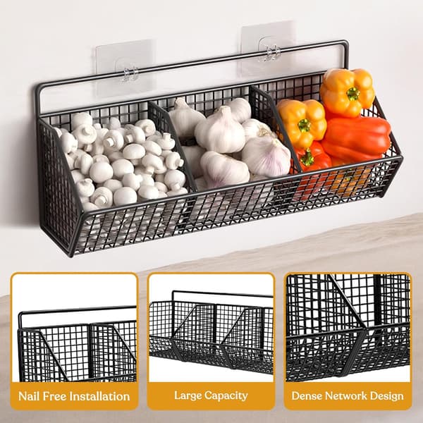 Wall-mounted pantry shelves for storage, wall-hanging baskets for kitchen, bathroom, metal wire fruit and vegetable baskets, three compartments