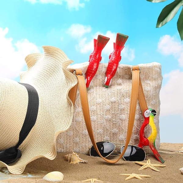 Strandhåndklædeklemme (2 papegøjer), 2 store vasketøjsklemmer, bøjler til vasketøjssnore, solseng papegøje strandhåndklædeklemme, liggestol, poolstol, lau