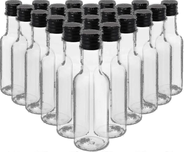 Mini Likörflaskor (24-pack) - Återanvändbara Plastflaskor 50 ml Tomma Spritflaskor med Svarta Skruvlock och Vätske tratt G