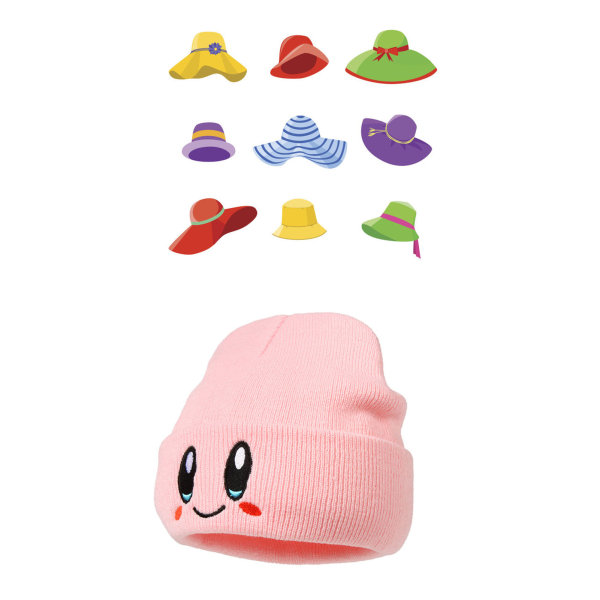 Strikket lue med søt brodert mønster, varm, lett, myk, elastisk, akryl, vinterstrikket lue, rosa