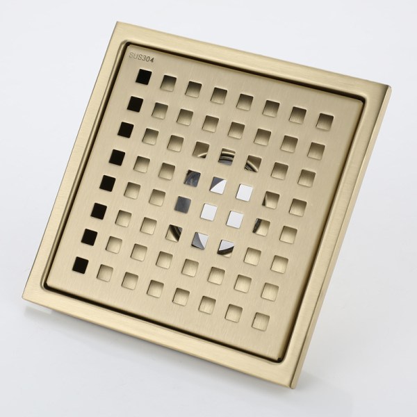 Bruseafløb Guld Rustfrit Stål Kvadratisk 15x15cm Bruseafløb Gulvafløb Gulvafløb med Gulvafløbsdæksel, Messing Deodoriserende Kerne, Børstet Guld [Ene