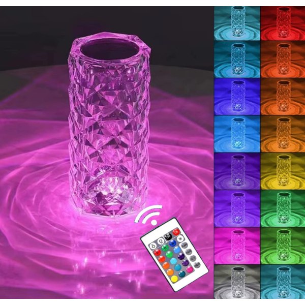 Kristallljus, 16 färgskiftande RGB Touch-dimbar rosbordslampa, romantisk LED Diamond Night Light USB -uppladdningsbar dekorativ lampa med fjärrkontroll