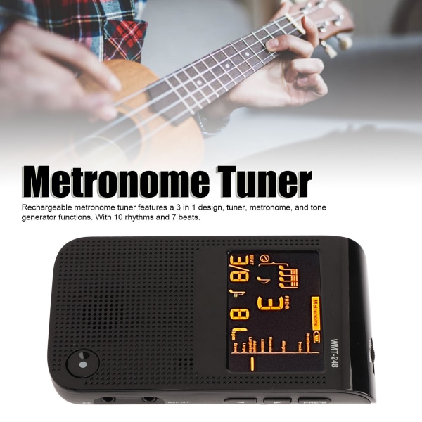 Metronom-Stemmer 3 i 1 USB Genopladelig Universal Digital Metronom-Stemmer Tone Generator til Alle Instrumenter Sort