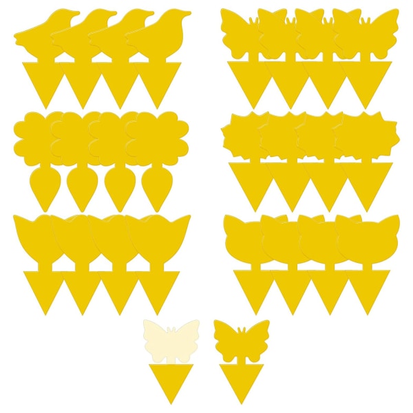 Dobbeltsidig gul bord insektfelle 24 stk [4*sommerfugler+4*solsikker+4*gulrøtter+4*fugler+4*kattunger+4*tulipaner]