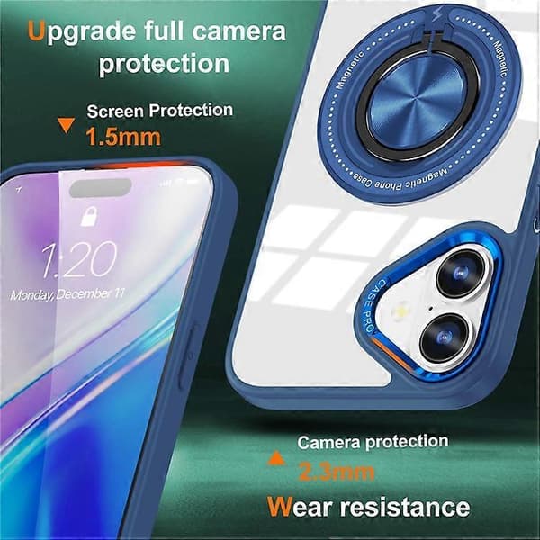 Compatible with iPhone 16 Case Magnetic Ring Holder Support PC+TPU Phone Cover Blue