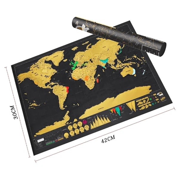 Karta med Scratch / Scratch Map / Världskarta - 42 x 30 cm Guld